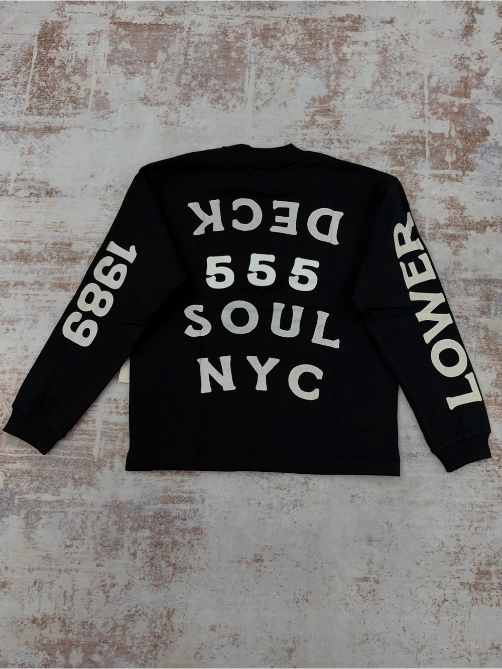 555 Soul NYC Y2K black long sleeve with white text reading 'DECK 555 SOUL NYC'